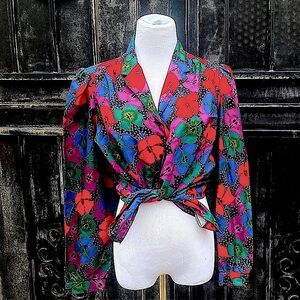 Ryketta Vintage Floral‎ Print Button Up Blouse Tie Front Long Sleeve Women's